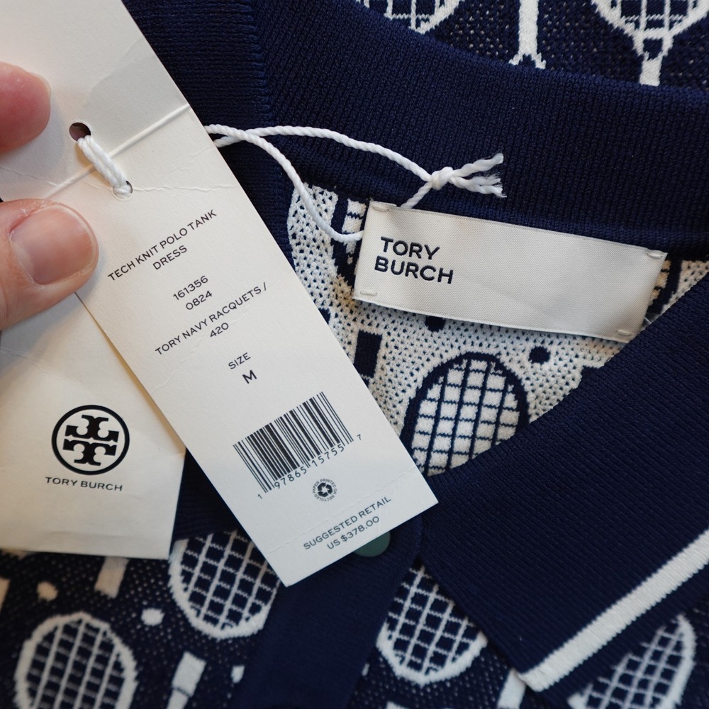 Tory Burch Dress Womens Medium Tory Burch Tech Knit Polo Tank Navy Racquets AOP - Picture 9 of 10